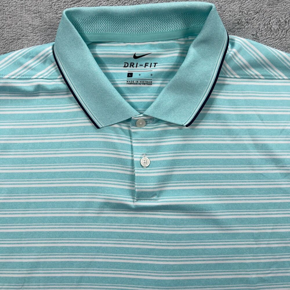Nike Polo Shirt Men's Large Green White Striped Stretch Performance Golf Dri-Fit - Picture 3 of 10